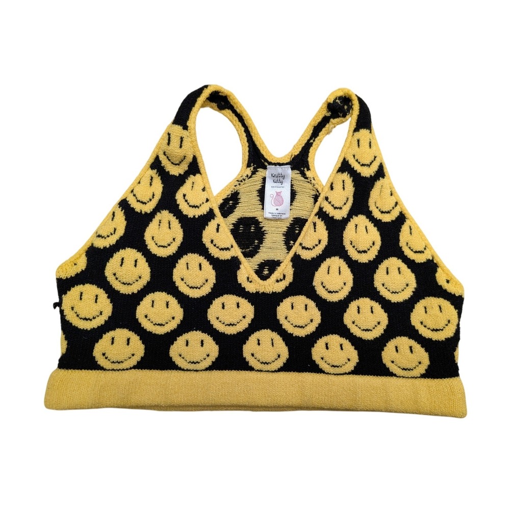 Knitty Kitty Smiley Face Knit Crop Top Retro Y2K Streetwear Festival